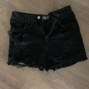 Black distressed high waisted denim shorts